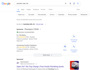 Plumber Google LSA search results example ethic advertising agency
