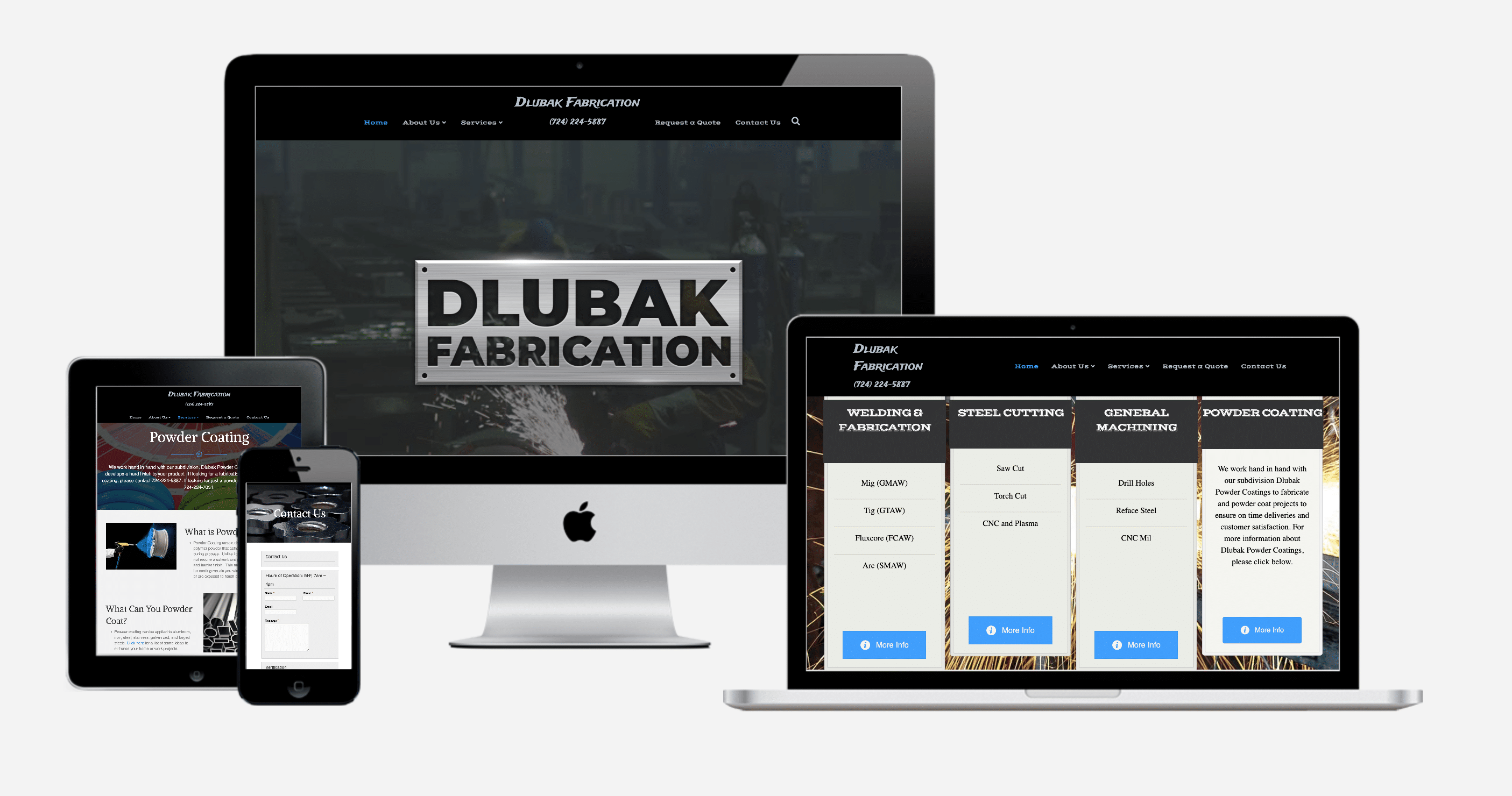 Dlubak Fabrication website mockups on devices